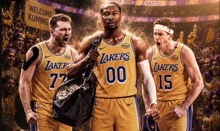Fan-made graphic showing Lakers players in front of a supporter sign reading Welcome Kuminga.