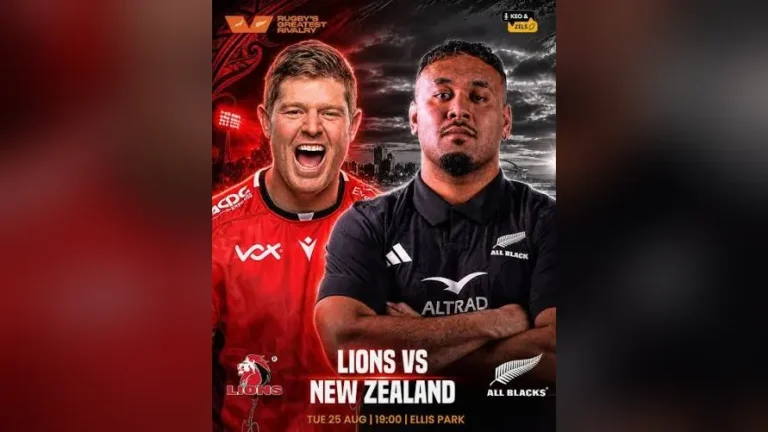 Match poster for Lions versus New Zealand at Ellis Park, listing Tuesday 25 August, 19:00.