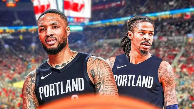 Composite image of Damian Lillard and Ja Morant side by side in black Portland jerseys inside a packed arena.