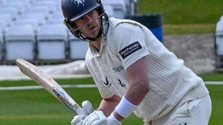 Sam Northeast batting for Kent in whites and helmet during the County Championship match against Worcestershire at Canterbury