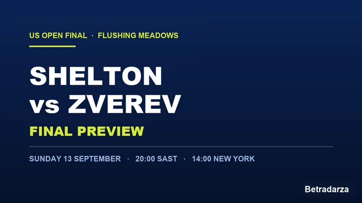 Shelton vs Zverev US Open final preview graphic, Sunday 13 September at 20:00 SAST from Flushing Meadows